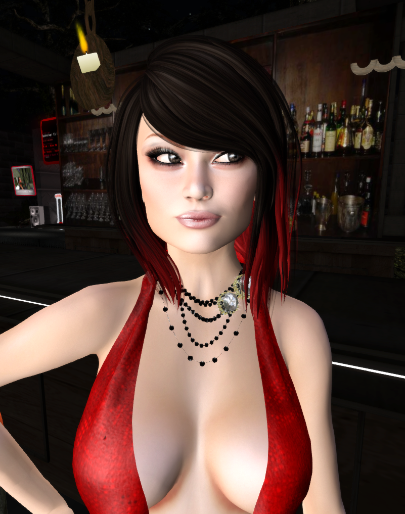 A second life avatar with black hair is shown bust up in the Equinox Nightclub