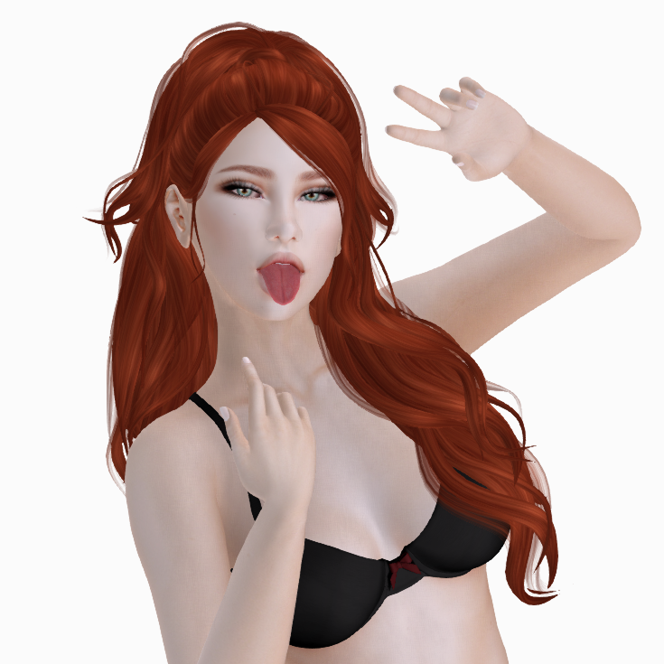 A female second life avatar with cloud skin gives a peace sign with her bento hands and sticks out her tongue with her bento head.