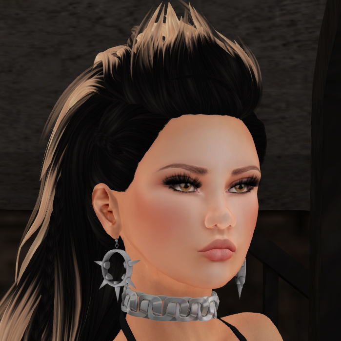 A female Second Life avatar wears a chain choker and spiked earrings.
