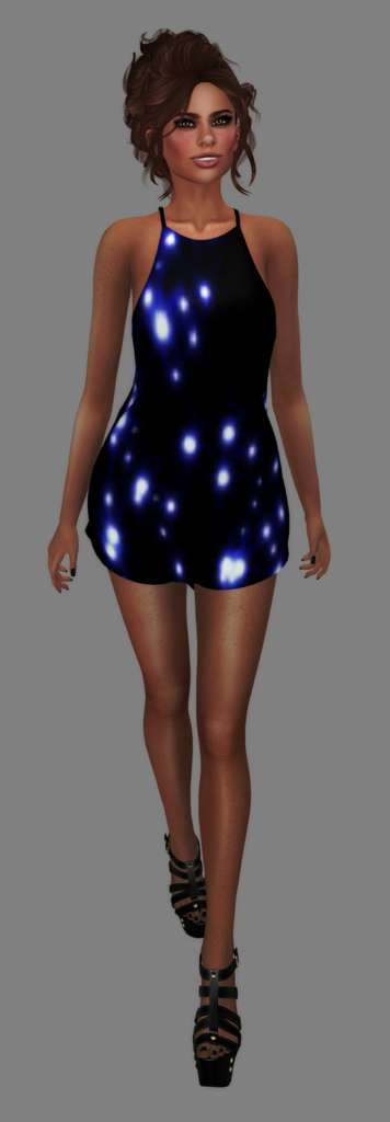 A Second Life Model displays her Graffitiwear Animated Dress in the Bookie Lights Style.