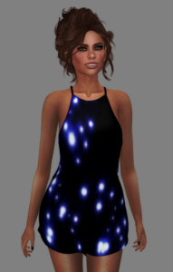 A  female Second Life avatar wears a blue and black dress.