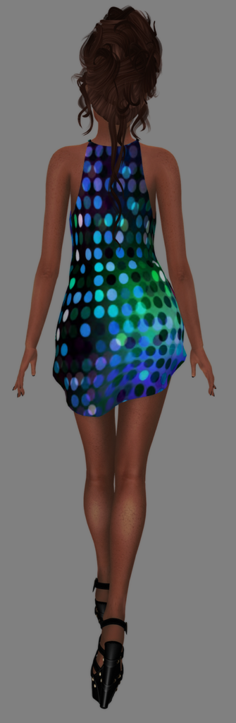 A Second Life Model displays her Graffitiwear Animated Dress in the Disco Nights Style.