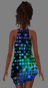 A  female Second Life avatar wears a blue and green dress.