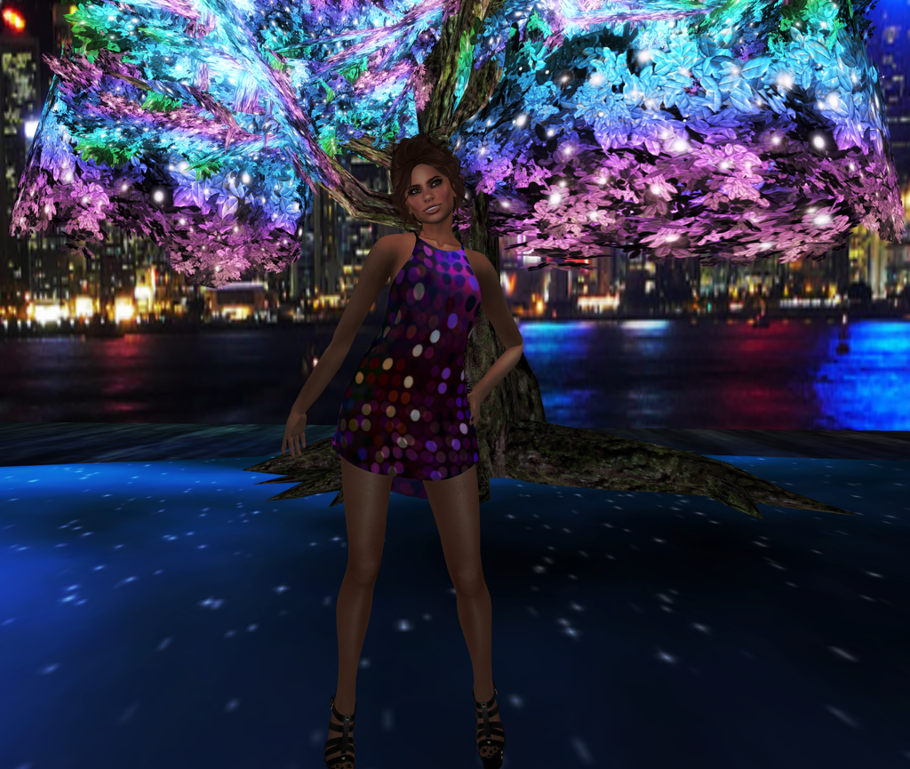 A female Second Life avatar dances under a neon tree.