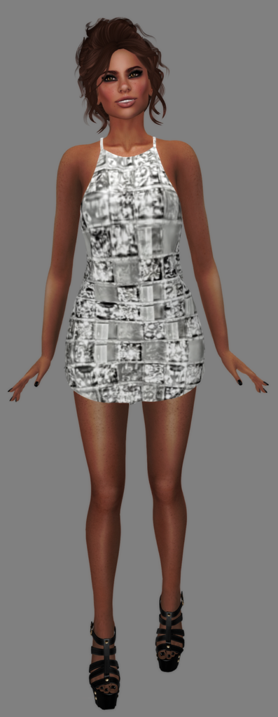A Second Life Model displays her Graffitiwear Animated Dress in the Mirror Ball Style.