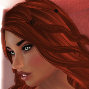A female Second Life avatar with red hair and using an applier skin looks off camera.