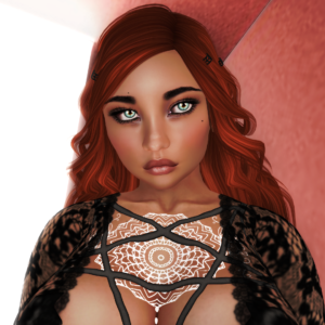 A female Second Life avatar using applier skin, a white applier tattoo, and black applier lingerie.