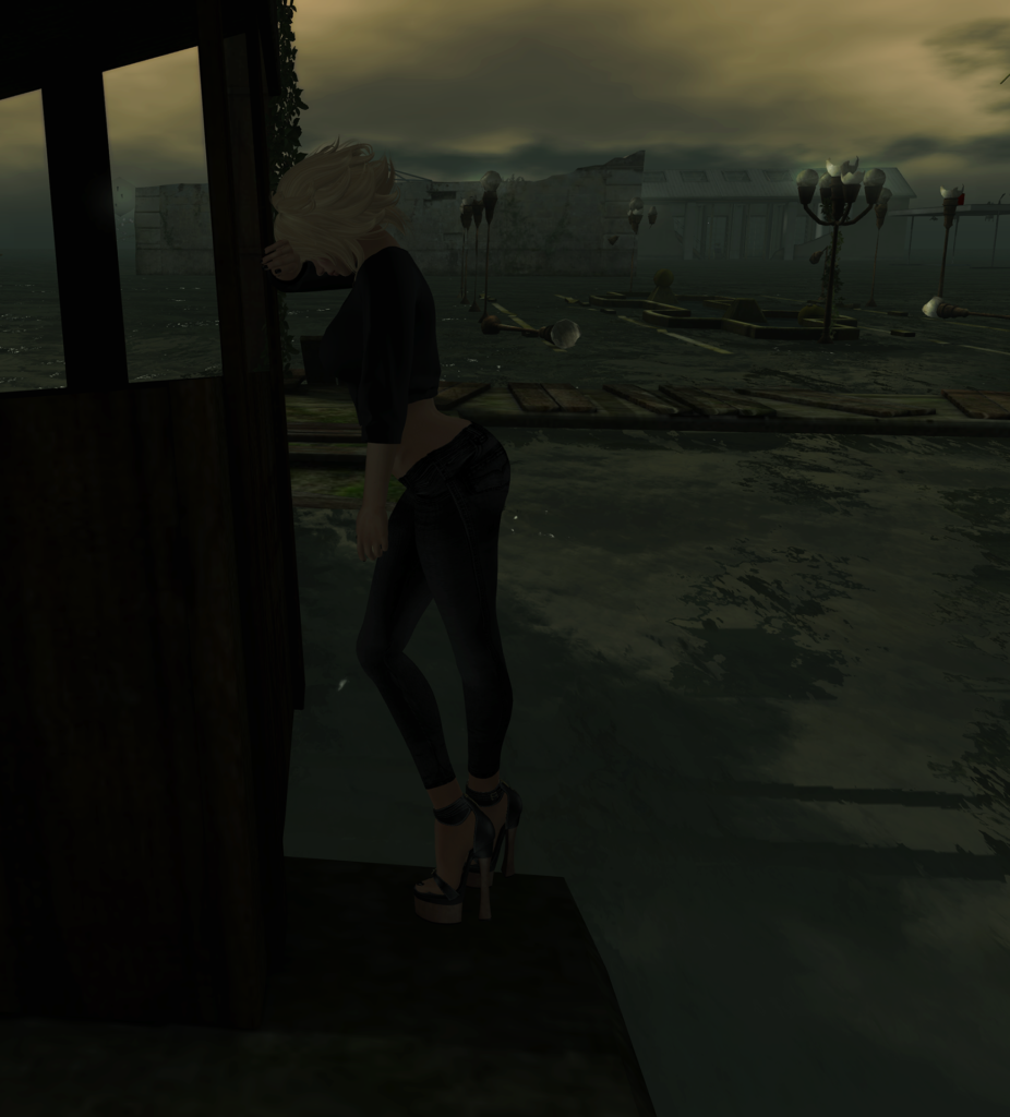 A female Second Life avatar cries in the shadows of a wrecked flooded park.
