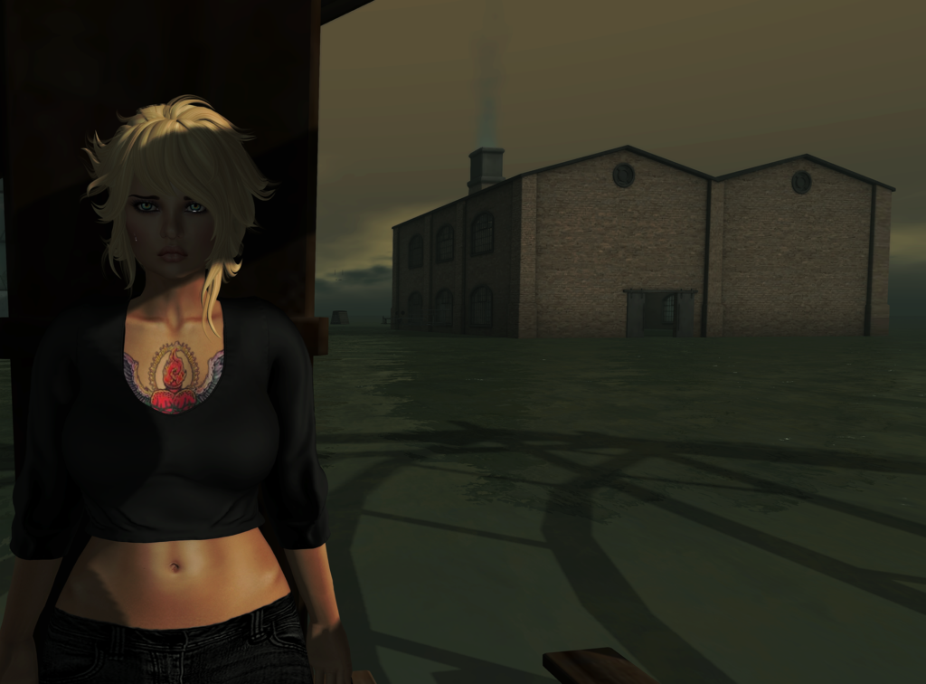 A female Second Life avatar cries in the shadows of a flooded area.