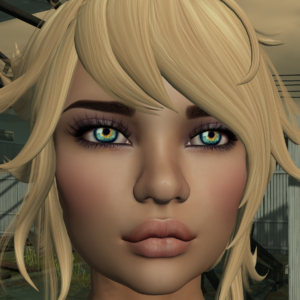 A female Second Life avatar with green eyes and blonde hair looks at the camera.