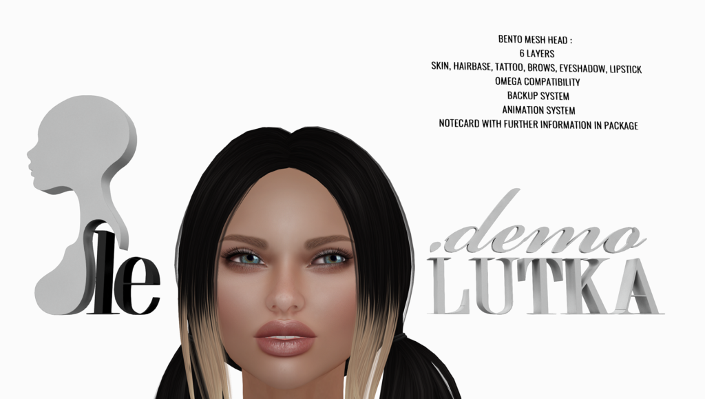 A female Second Life avatar wearing a demo head from LeLutka