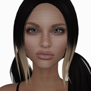 A female Second Life avatar wearing a demo skin from 7 Deadly sKins.