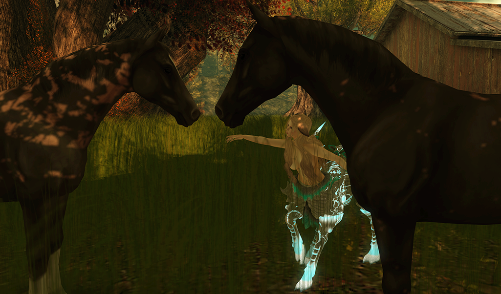 A female Second Life dryad avatar plays with horses.