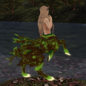 A female Second Life dryad avatar looks over a river.