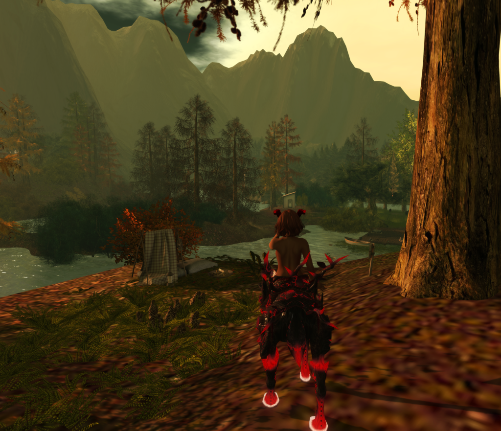 A female Second Life dryad avatar with red horns and hooves.