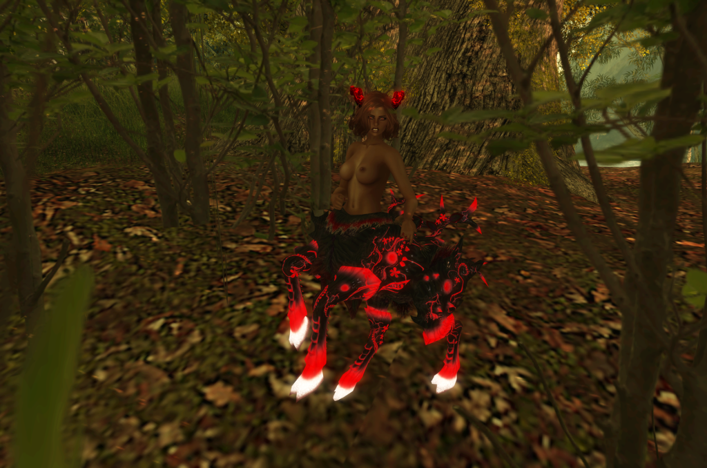 A female Second Life dryad avatar with red and black accents.