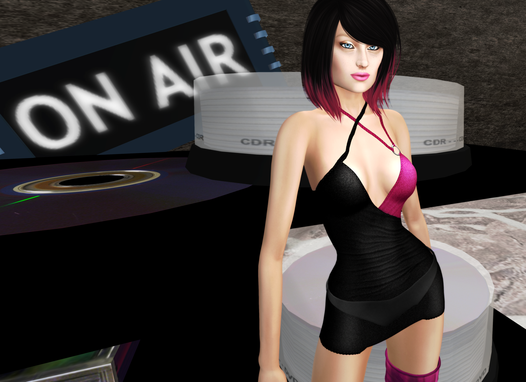 A second life avatar stands in her 1 hundred. dress in front of some CDs. She is wearing an alaskametro skin.