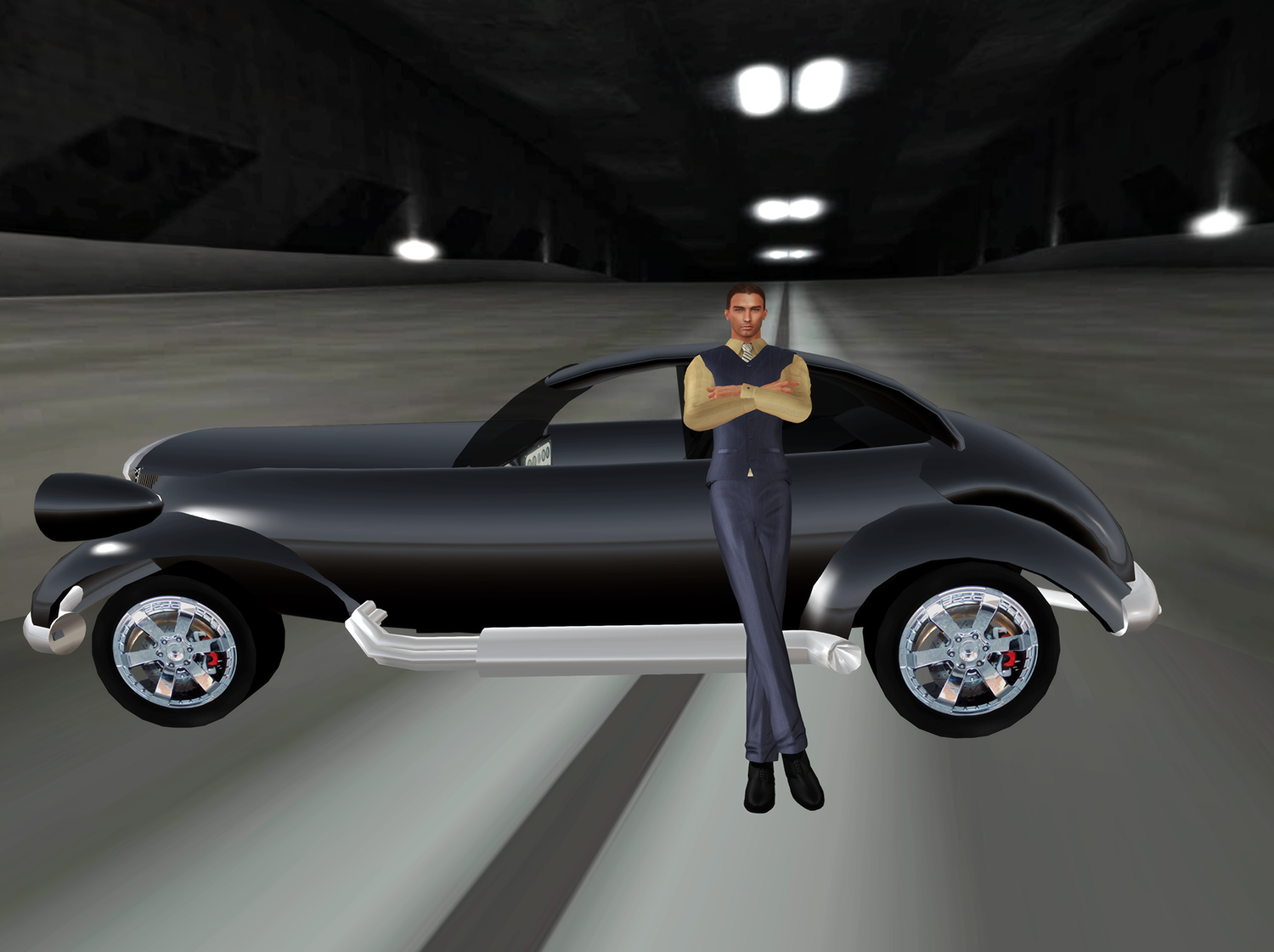 A male Second Life avatar poses on a car
