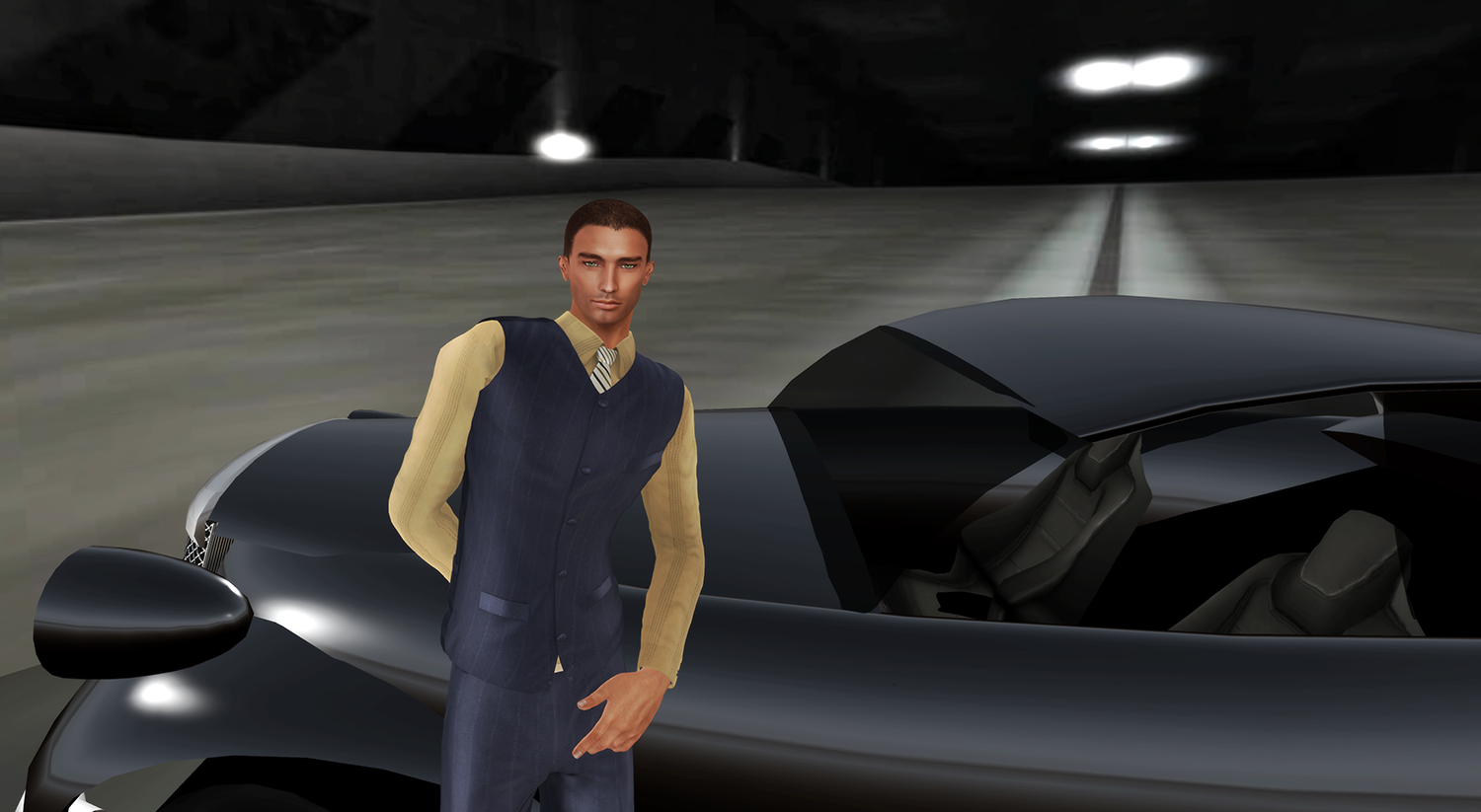 A male Second Life avatar poses on a car.