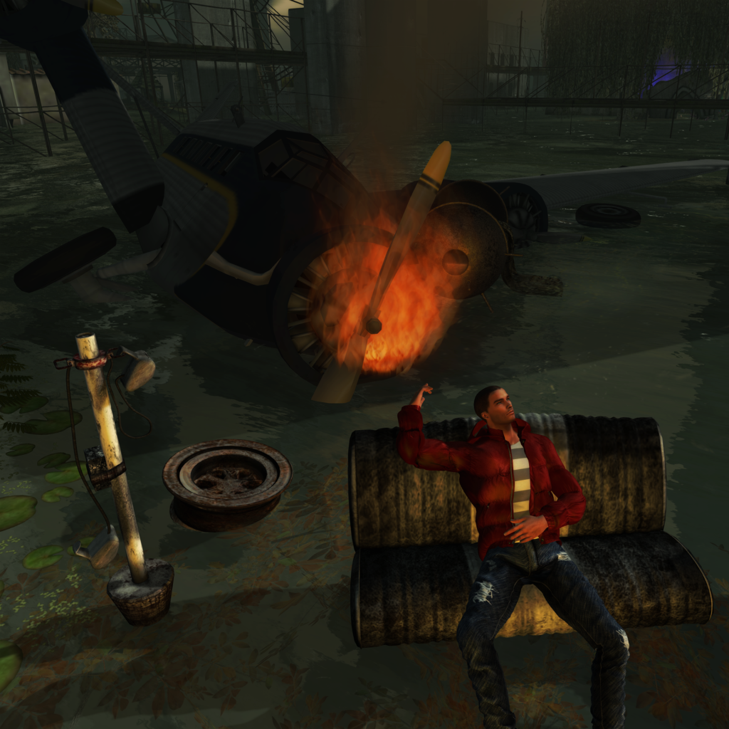 A male Second Life avatar lays on a couch near a burning plane.