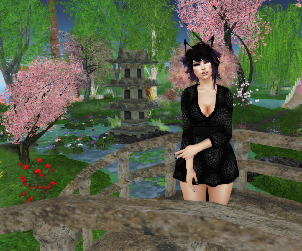 A female second life avatar with a fox tail and ears. She has purple hair.