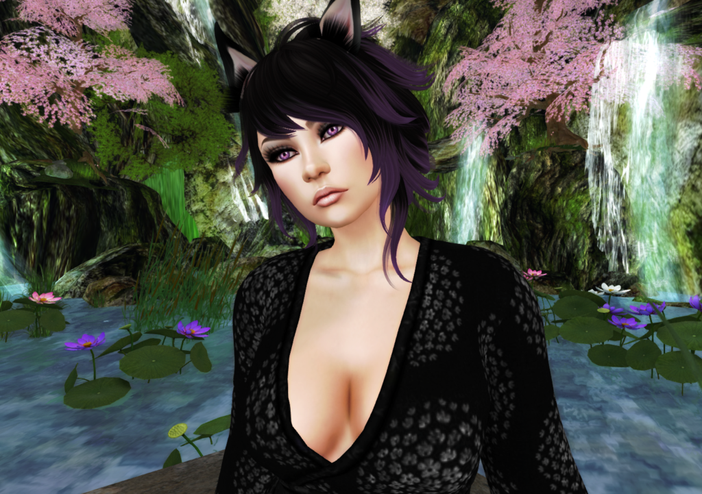 A female second life avatar with a fox tail and ears. She has purple hair.