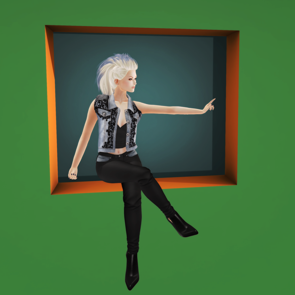 A Second Life avatar poses in a shadowbox while wearing Finale Couture clothing.