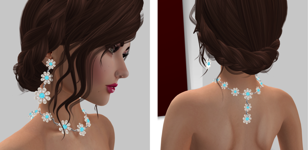 A female Second Life avatar with flower jewelry