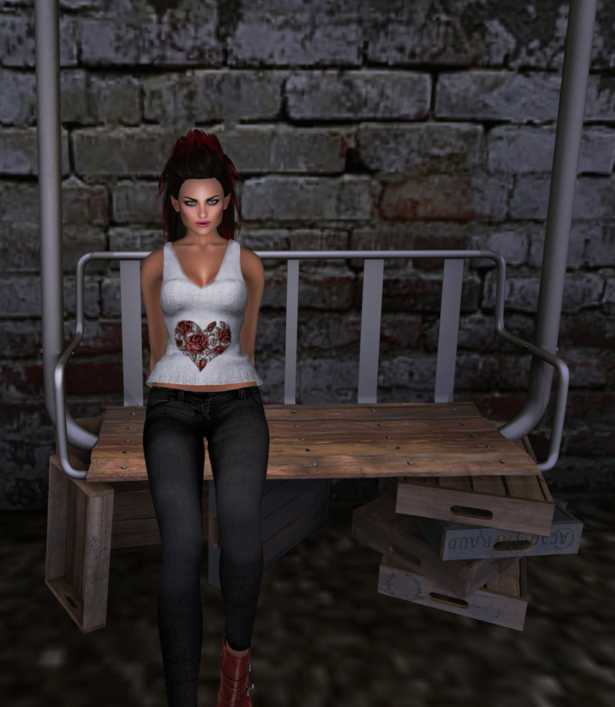 A female Second Life avatar shows off her white tank top.