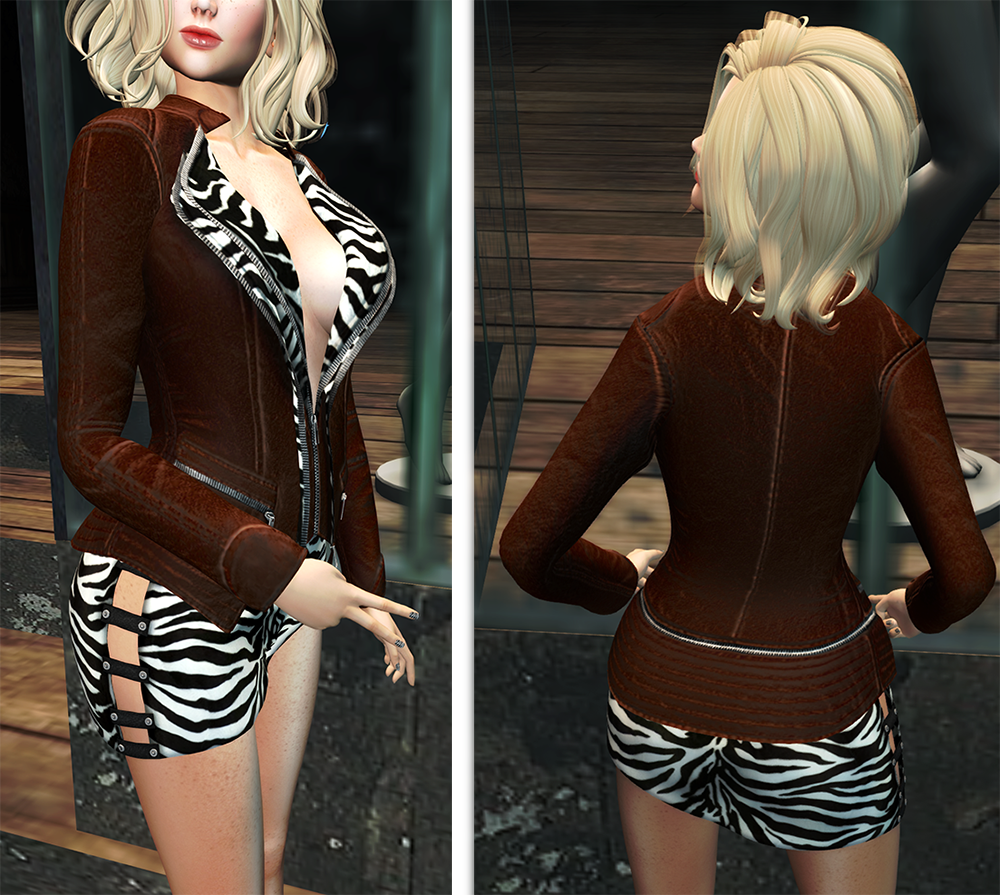A female Second Life avatar shows off the brown leather jacket and zebra skirt.