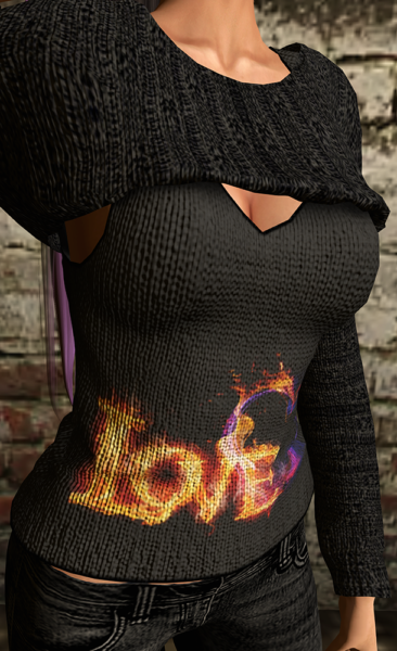 A female Second Life avatar shows off her black tank top by Graffitiwear. It says Love written in fire on the bottom of the shirt.