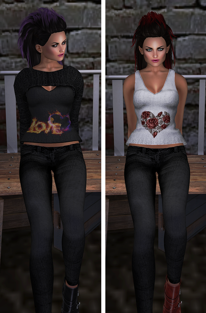 A female Second Life avatar shows off a black tank top with Love written in fire and a white tank top with a heart made of roses.