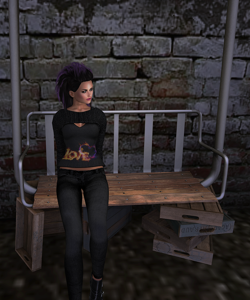 A female Second Life avatar shows off her black tank top.
