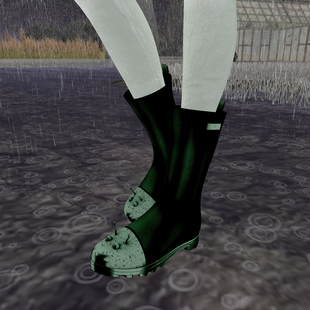 A female Second Life avatar shows off her cute green rainboots. They have little slug antennae on the toes.