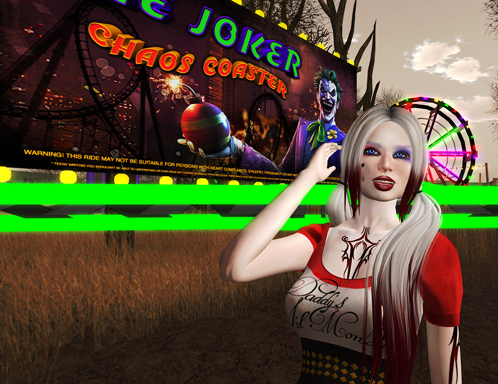 A female second life avatar dressed as Harley Quinn.