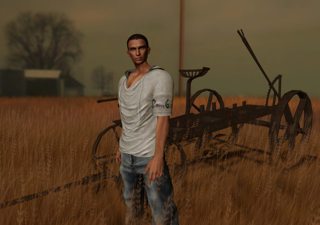 A male Second Life avatar stands in front of farm equipment in a field.