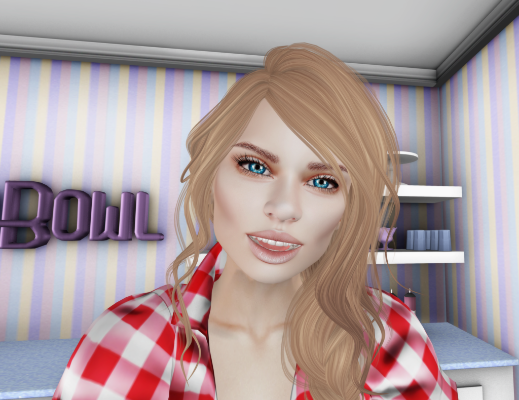 A female Second Life avatar smiles at the camera.