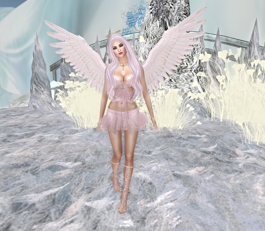 A second life angel dressed in pink stands in the snow.