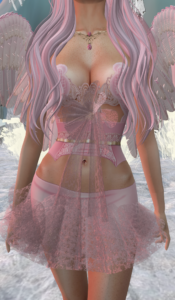 The pink clothing of a Second Life angel avatar is shown.