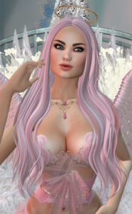 The pink hair of a Second Life angel avatar is shown.