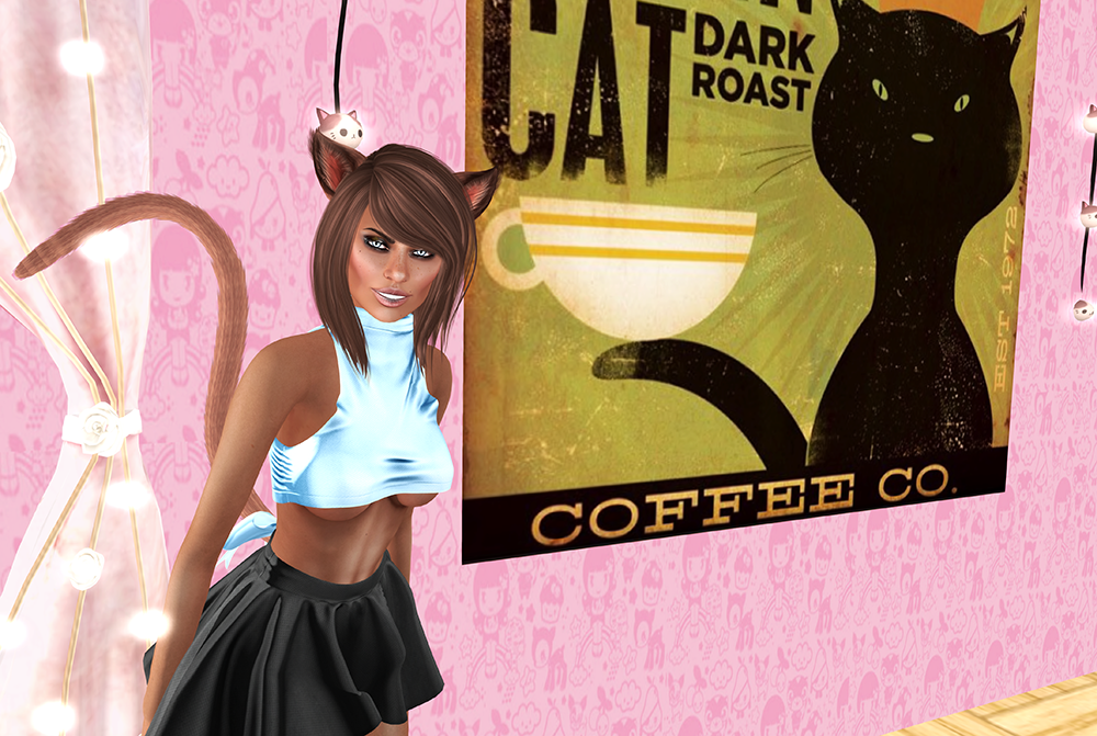 A female Second Life neko avatar with a crop top and skirt.