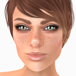 A female Second Life avatar with green eyes and freckles smiles at the camera.