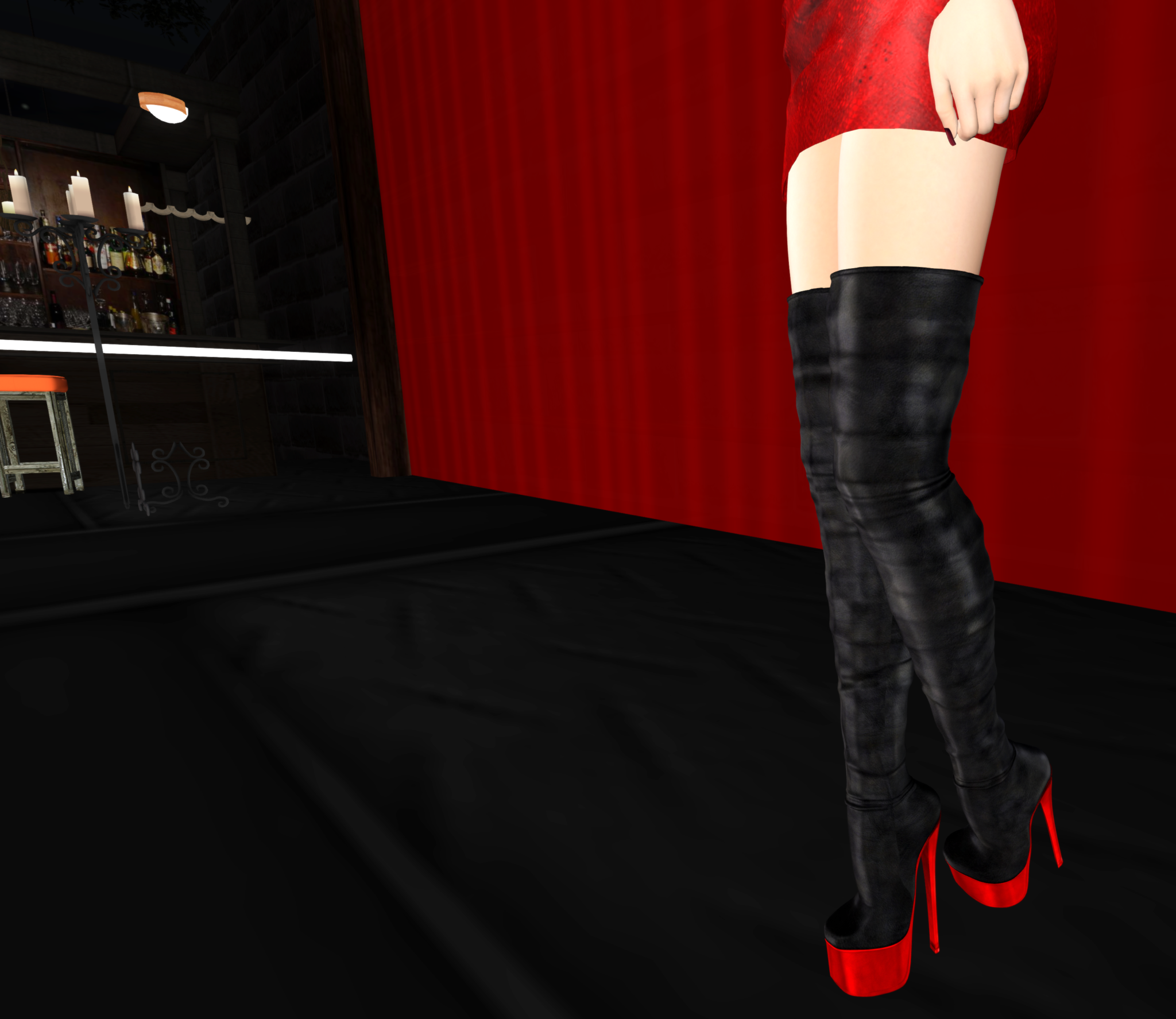 A Second Life avatar with MODA Boots stands in a nightclub