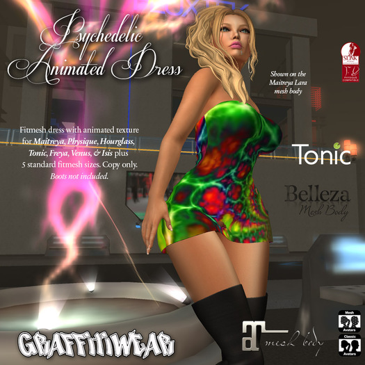 A  female Second Life avatar wears a psychedelic dress.