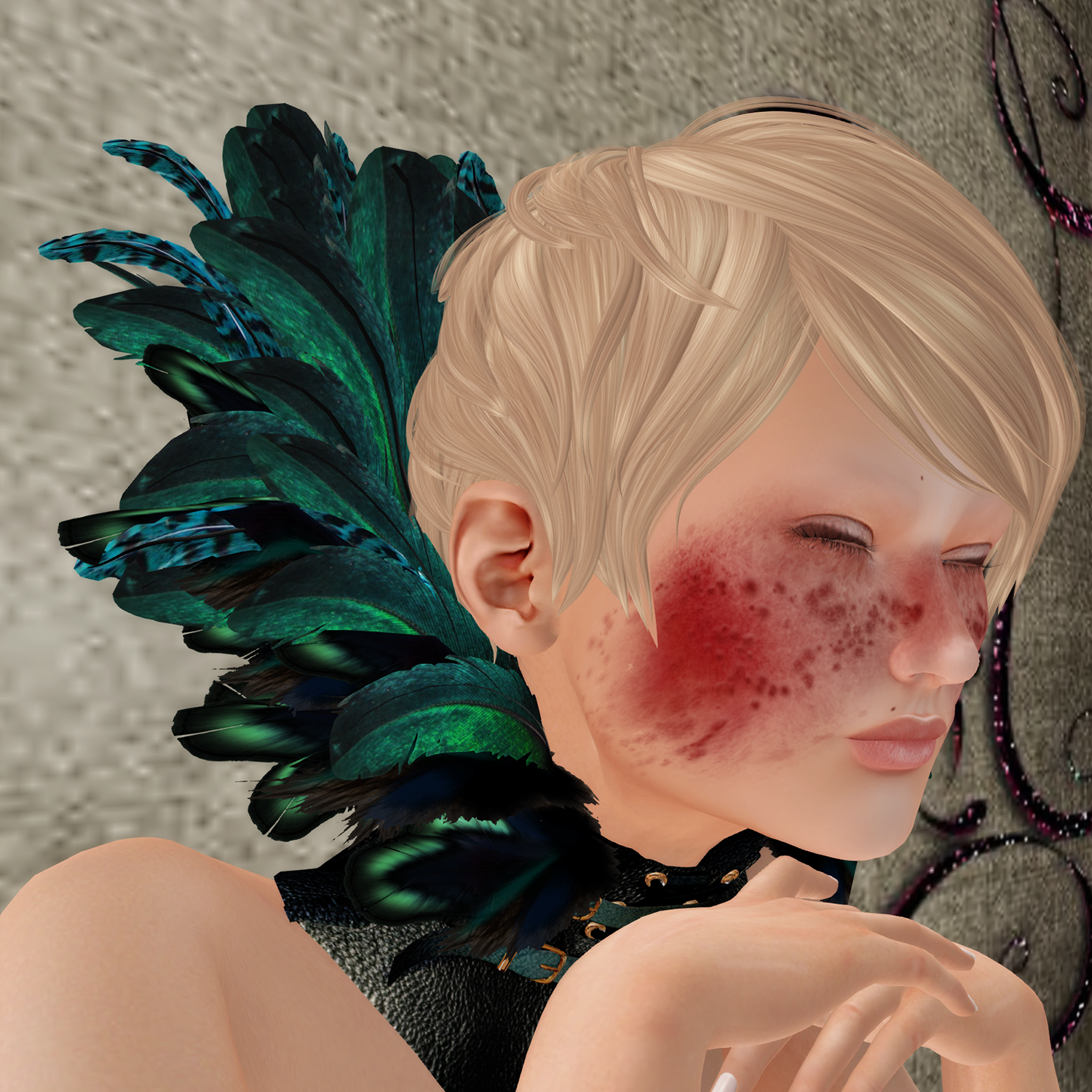 A female Second Life avatar looks sick as she has the Scarlet Pox from Songbird.