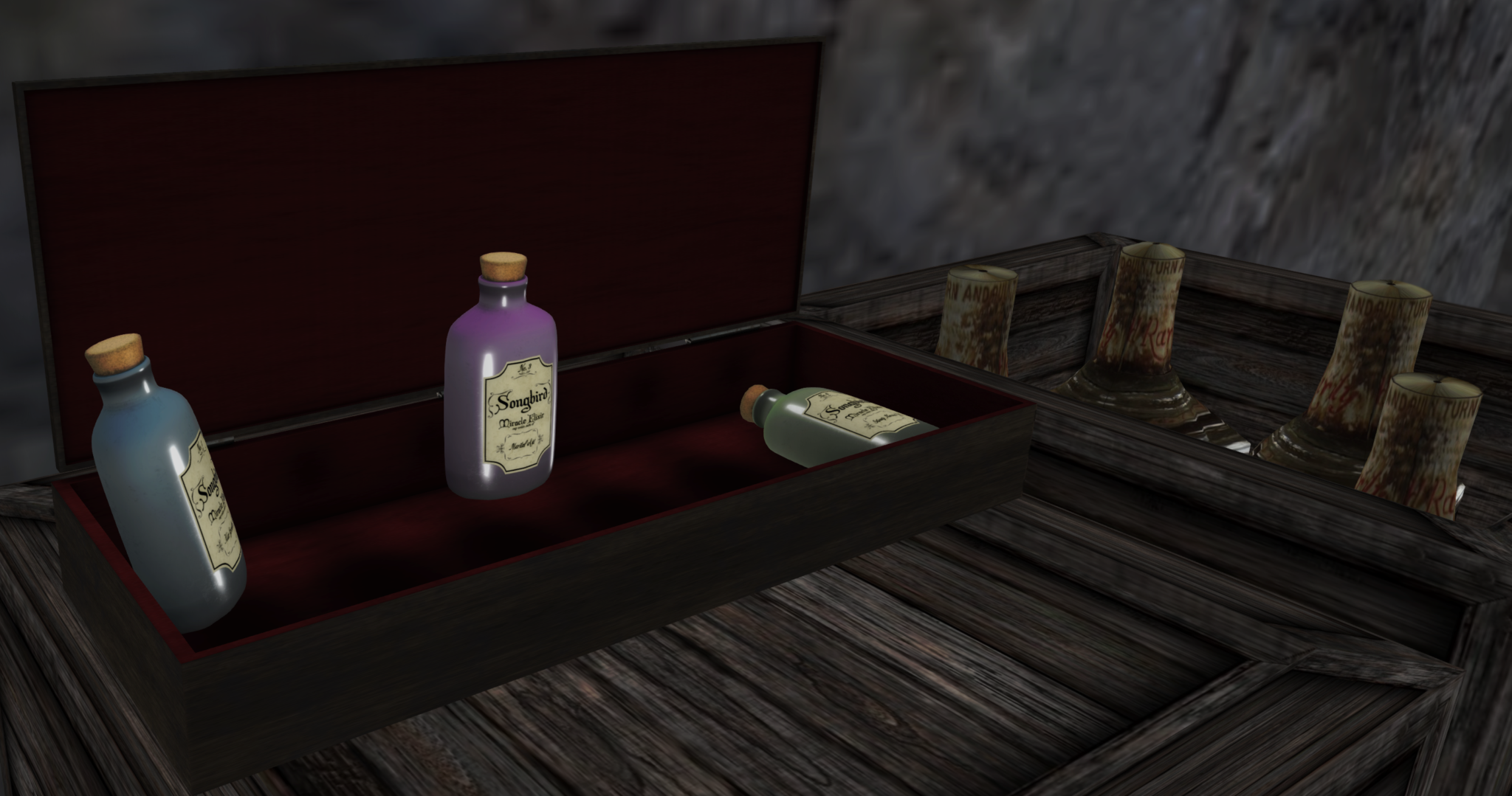 Magical Elixirs sit inside a velvet lined wooden box.