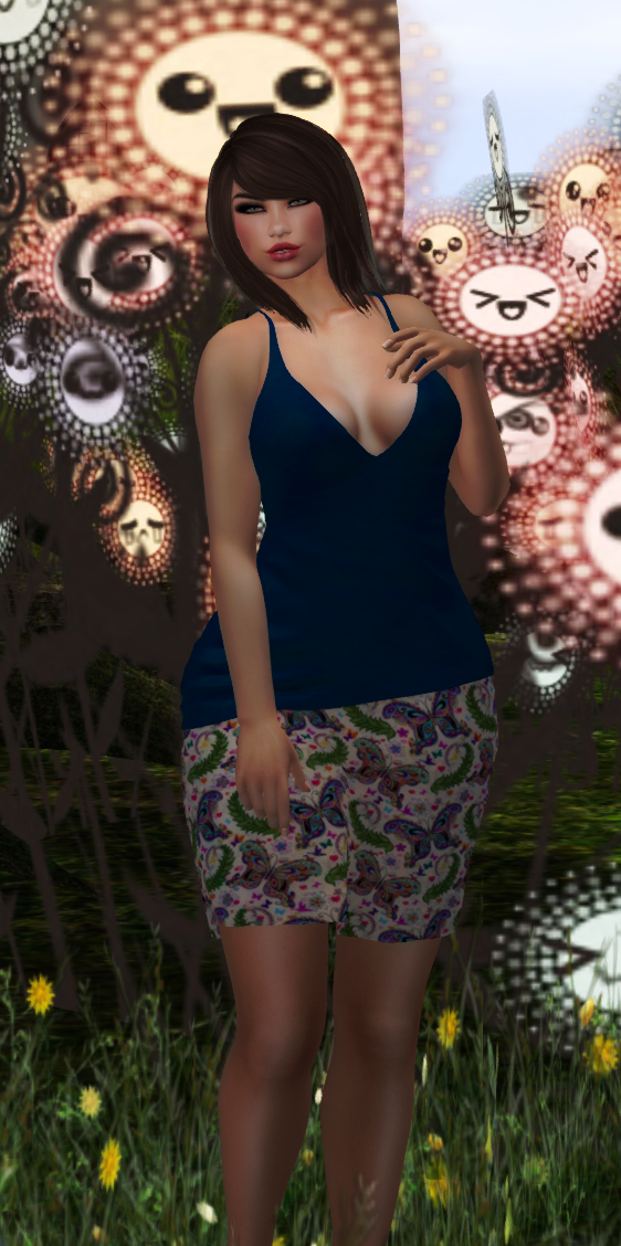 A female Second Life avatar wears a blue tank top and a patterned skirt.