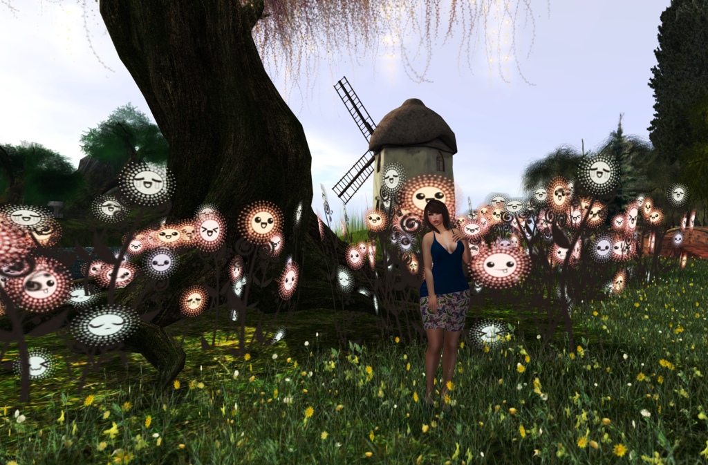 A female Second Life avatar stands in a field.