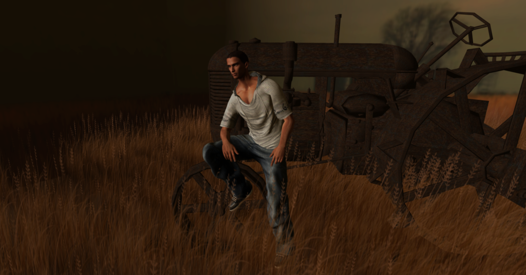 A male Second Life avatar sites on an old rusted tractor in the middle of a field.