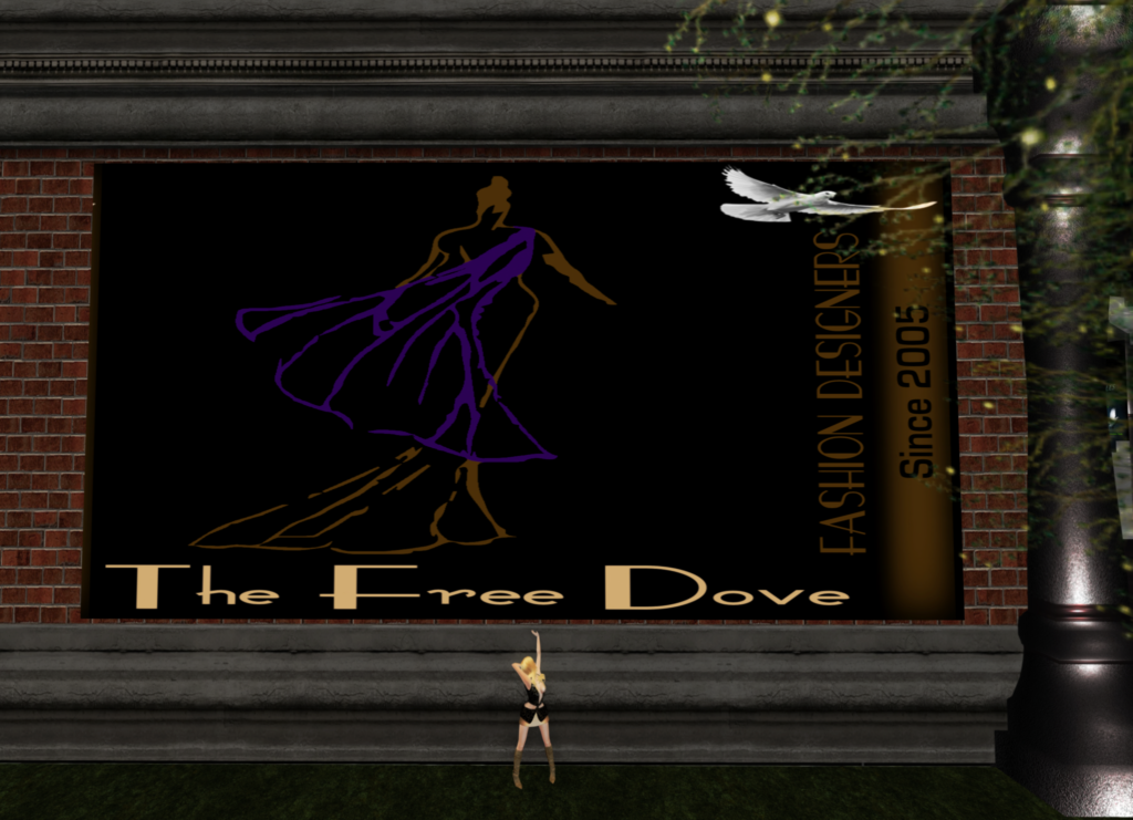 A Second Life woman stands in front of the sign for the Free Dove